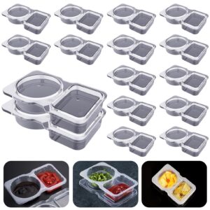 double compartment condiment containers with lids, 2024 new disposable 2 compartment snack containers, portion cups reusable plastic snack container for to-go sauce, sampling, travel snack - 16 pcs