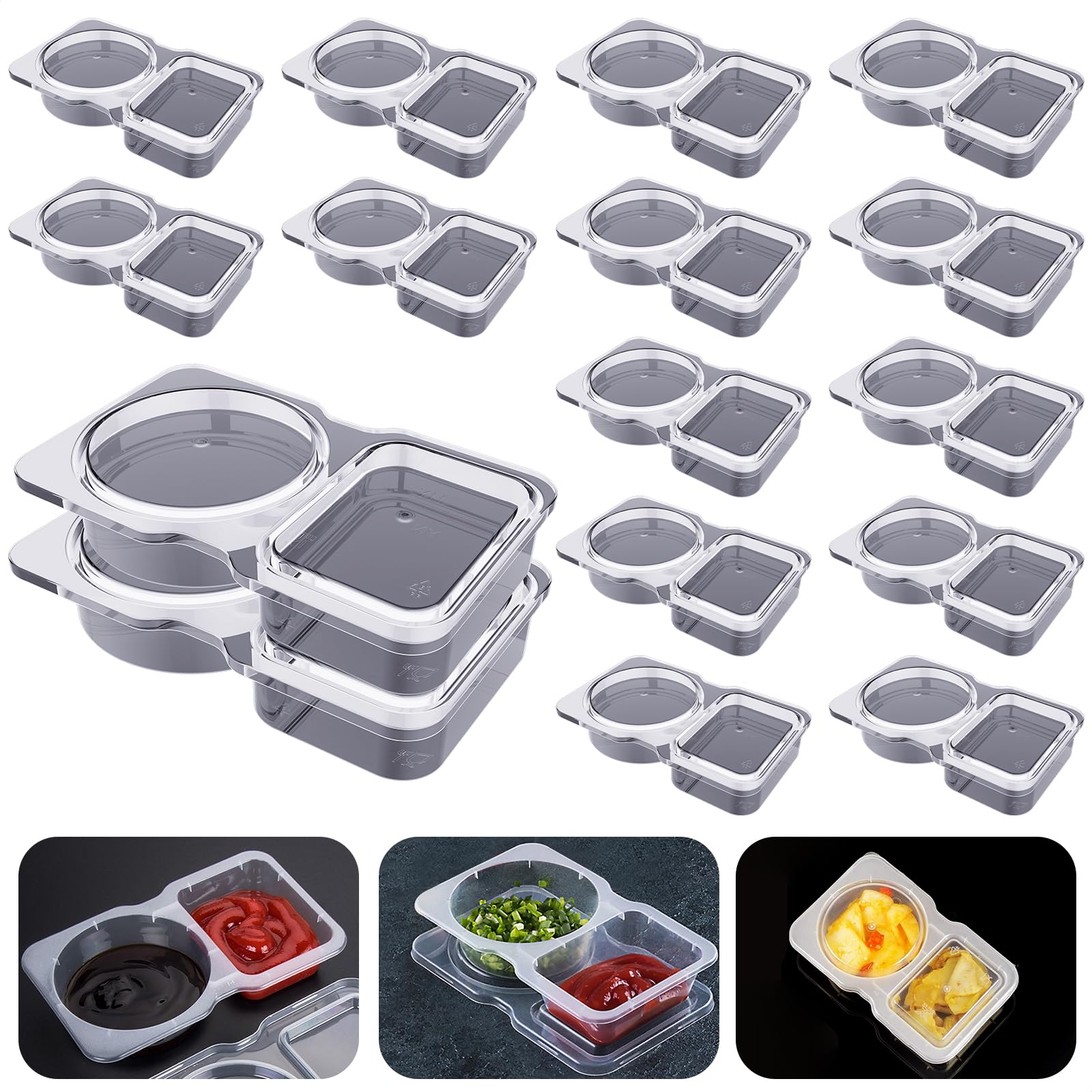 Double Compartment Condiment Containers with Lids, 2024 New Disposable 2 Compartment Snack Containers, Portion Cups Reusable Plastic Snack Container for to-go Sauce, Sampling, Travel Snack - 16 Pcs