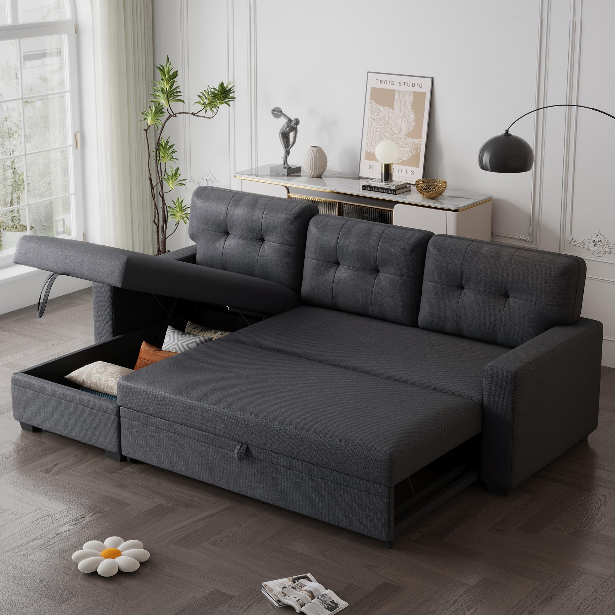 Acosure 82" Pull Out Couch with Storage Chaise,L-Shape Sectional Sofa Bed W/Tufted Backrest,3 Seater Convertible Sleeper for Living Room Apartment Office,Dark Gray