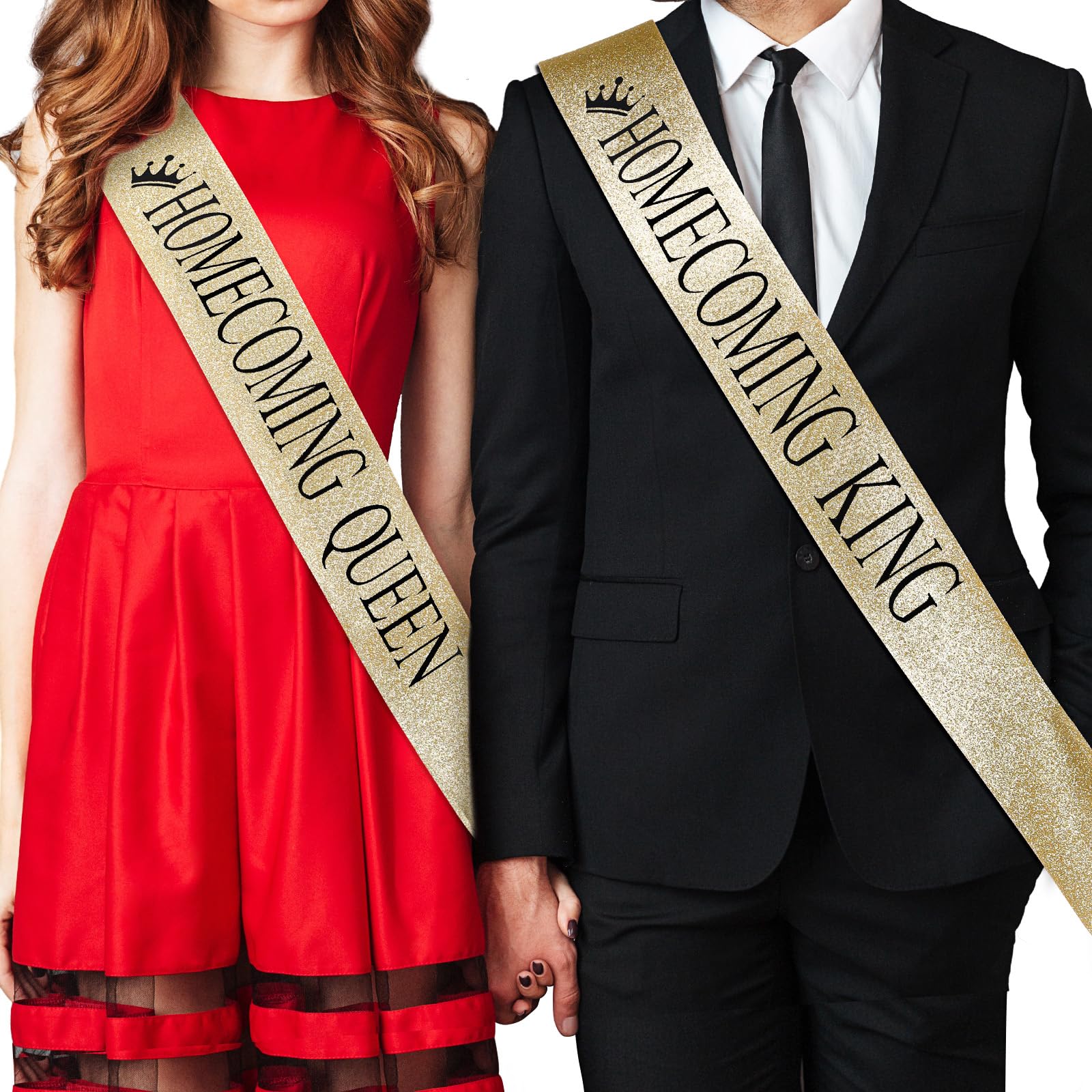 Lyrow 2 pcs "Homecoming King" and "Homecoming Queen" Sashes Homecoming Party Prom Sashes School Party Accessories Printed Belts for Homecoming Dance Party Wedding Bridal Shower Supplies (Gold)