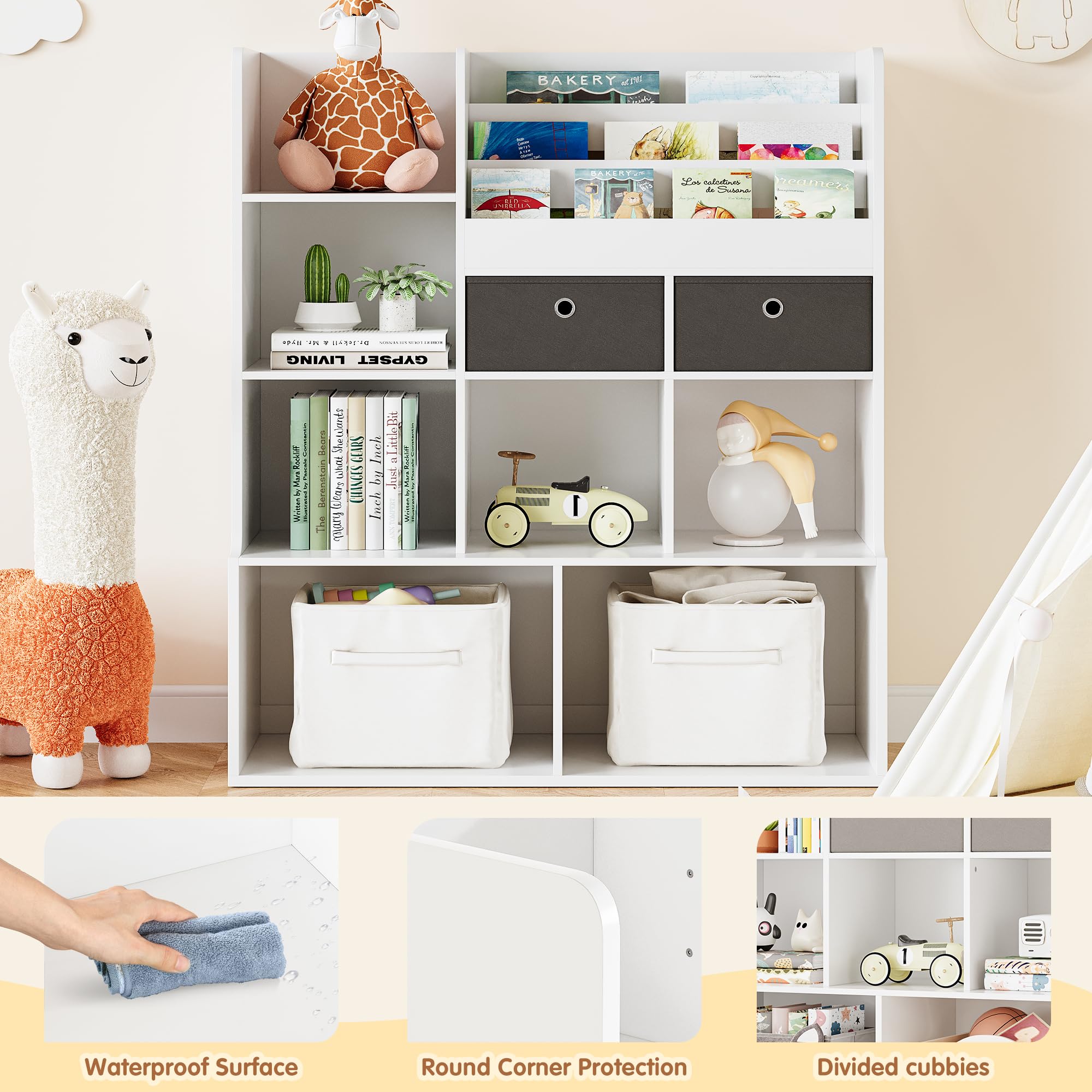 GAOMON 47.8in Kids Bookshelf with Drawers Wooden Toy Storage Organizer Modern Bookcase with Cubbies Floor Storage Cabinet White Toy Chest Playroom, Classroom, Nursery, Kids Room