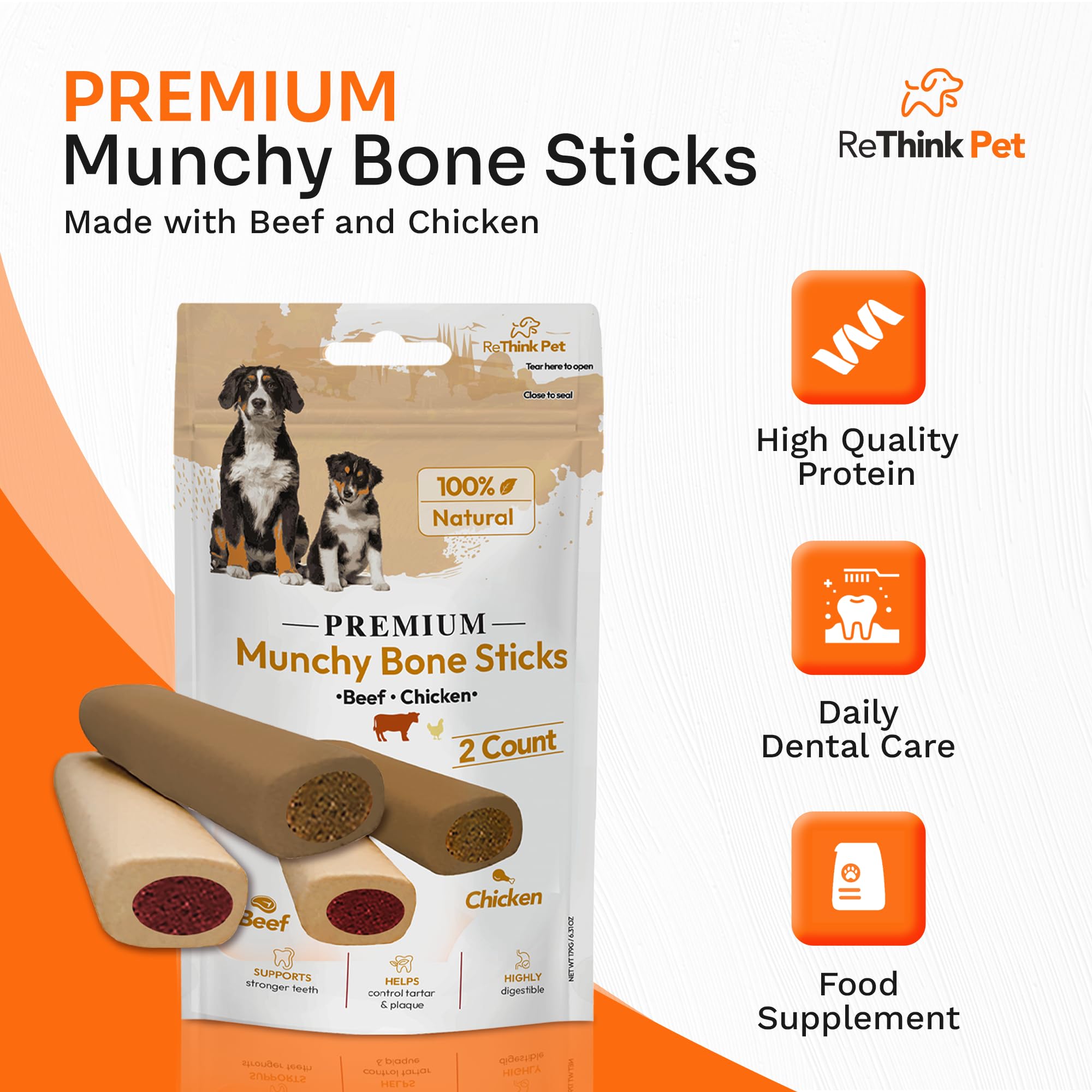 ReThink Pet 2 Pcs Premium Munchy Bone Sticks, Dog Treats Small Dogs, Beef & Chicken Dog Chew Sticks, Highly Digestible & Long Lasting Dog Chews, Natural Dog Chews for Aggressive Chewers