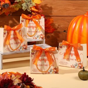 Kolldenn 50 Set Baby Shower Party Favors Thank You Gift Bags A Little Pumpkin is On the Way Gift Bags with Handles Fall Small Candy Bags with Bow Ribbon for Autumn Baby Shower Gender Reveal Party