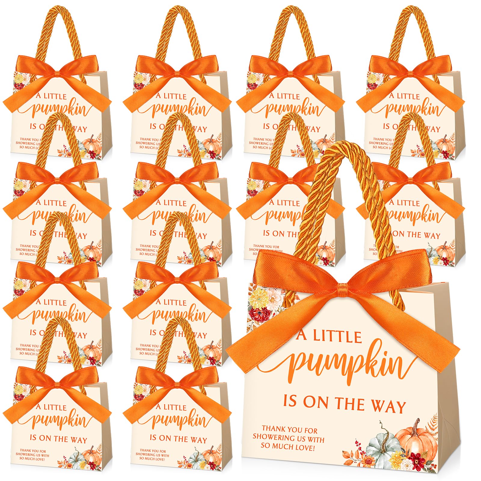 Kolldenn 50 Set Baby Shower Party Favors Thank You Gift Bags A Little Pumpkin is On the Way Gift Bags with Handles Fall Small Candy Bags with Bow Ribbon for Autumn Baby Shower Gender Reveal Party