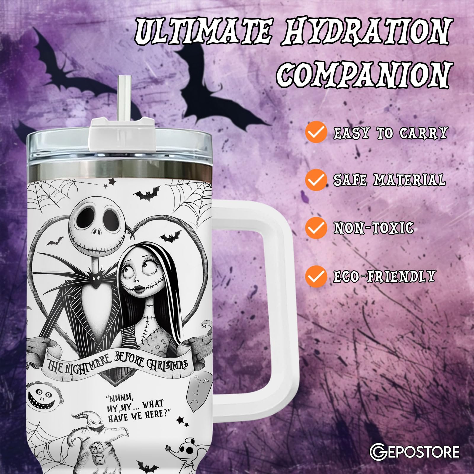 GEPOSTORE Christmas Gifts for Movie Lovers, Jack Skeleton 40 oz Stainless Steel Tumbler with Handle, Lid, and Straw, Nightmare Before Movie Cup, Christmas Mug, Horror Movie Gifts for Cartoon Lovers