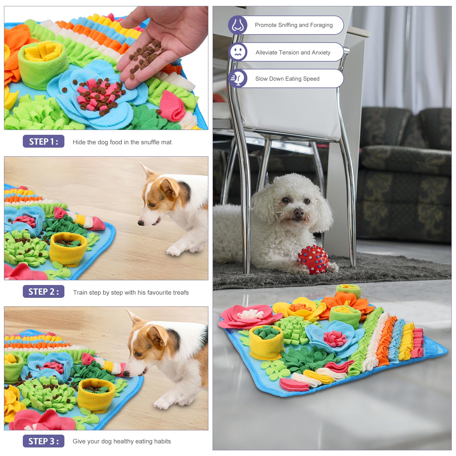 JXTZ Snuffle Mat for Dogs, Interactive Dog Snuffle Mat, 15.4 x15.4 inches Sniffing Activity Mat for Boredom Relief, Slow Feeder, Felt Wool Dog Feeding Mat, Relieve Anxiety, Puzzle Toy for Dogs, Cats