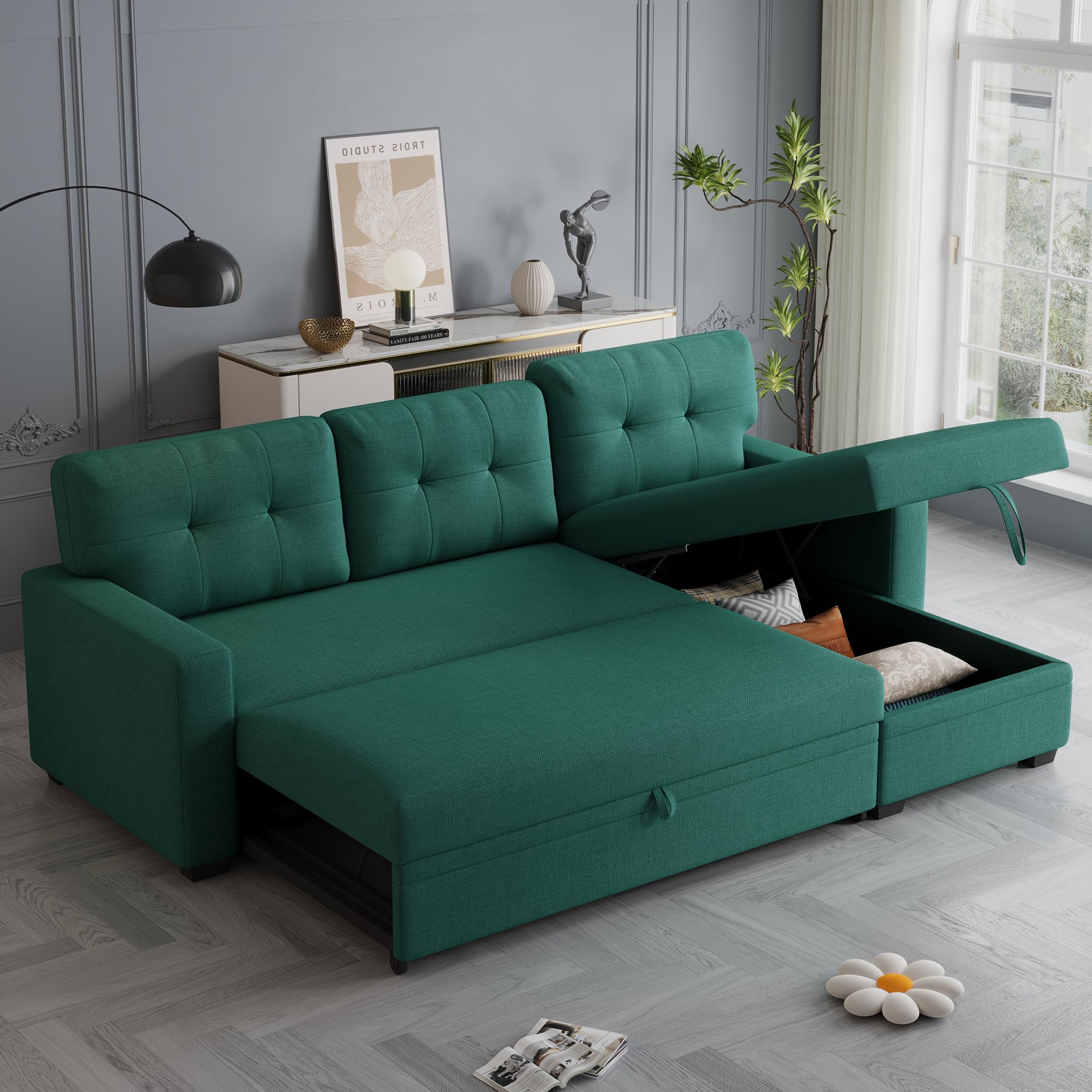 Acosure 82" Pull Out Couch with Storage Chaise,L-Shape Sectional Sofa Bed W/Tufted Backrest,3 Seater Convertible Sleeper for Living Room Apartment Office,Green