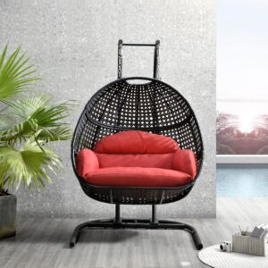 2 person hanging egg chair with stand for outdoor, patio rattan wicker double egg swing chairs hammock chair with cushion and stand, porch swing loveseat for patio bedroom balcony (red)