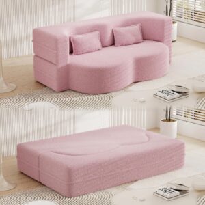 keiki modern floor sofa with 2 pillows,convertible teddy fabric foam-filled sleeper sofa bed,15" full size folding mattress for living room, guest bed, playroom,no assembly required,pink