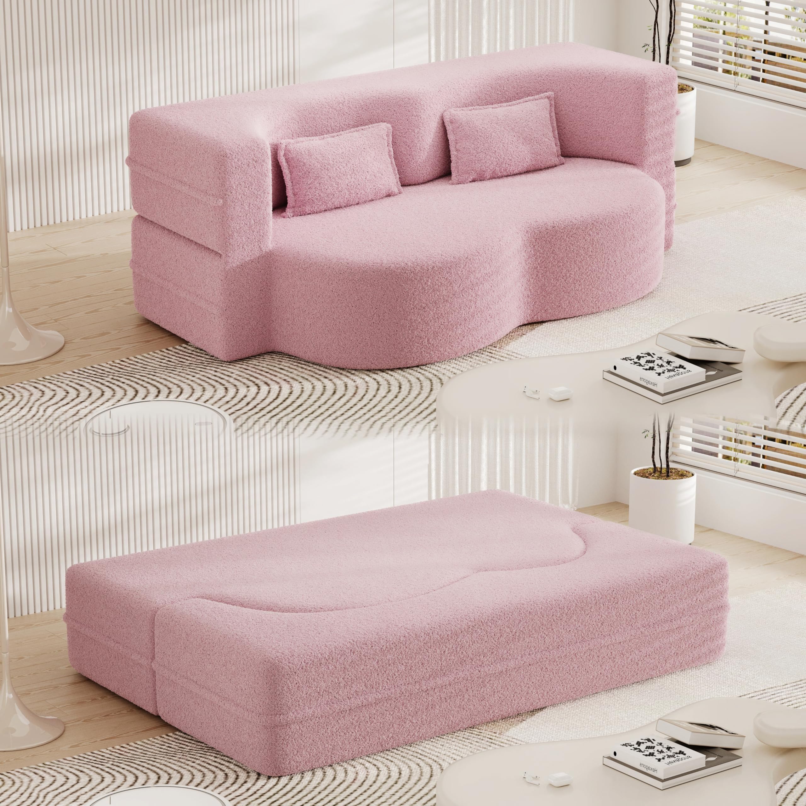 KEIKI Modern Floor Sofa with 2 Pillows,Convertible Teddy Fabric Foam-Filled Sleeper Sofa Bed,15" Full Size Folding Mattress for Living Room, Guest Bed, Playroom,no assembly required,Pink