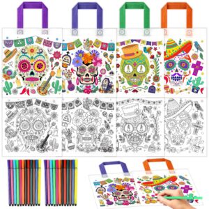 howaf day of the dead coloring gift bags with 24 （12 colors） paint pens, 12pcs color your own sugar skull tote bags dia de los muertos non-woven diy bags for mexican halloween party favors activity