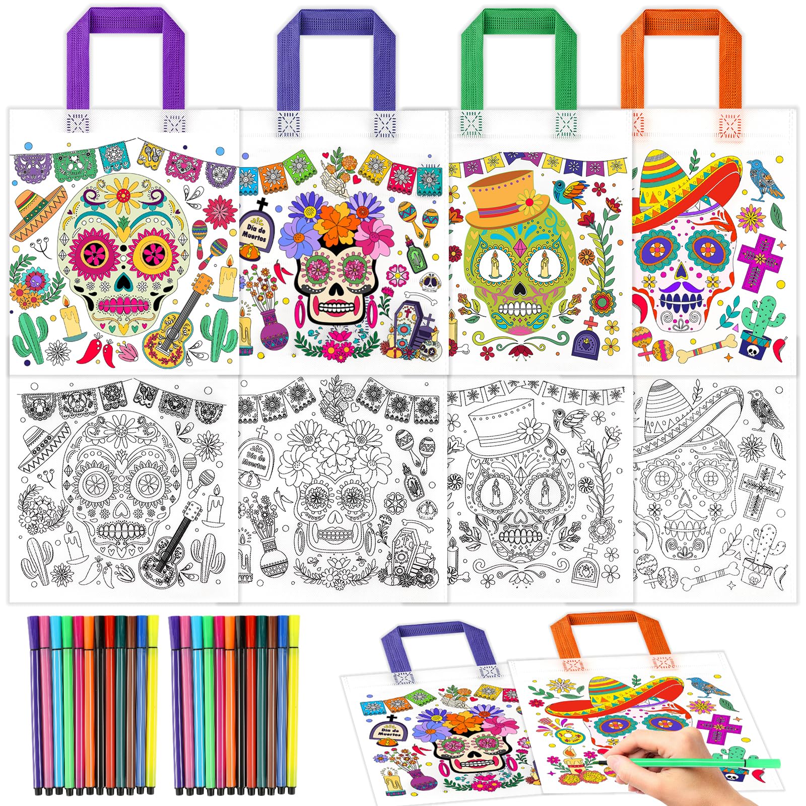 HOWAF Day of The Dead Coloring Gift Bags with 24 （12 Colors） Paint Pens, 12pcs Color Your Own Sugar Skull Tote Bags Dia De Los Muertos Non-Woven DIY Bags for Mexican Halloween Party Favors Activity