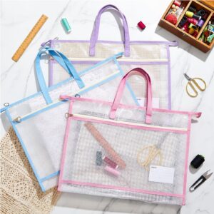 Bulyoou 3 Pcs A3 Project Bag for Quilting Craft Storage for Quilters Clear Mesh Design Art Supply Bag Artwork Storage Organize for Artworks Charts and Teaching Material Multipurpose