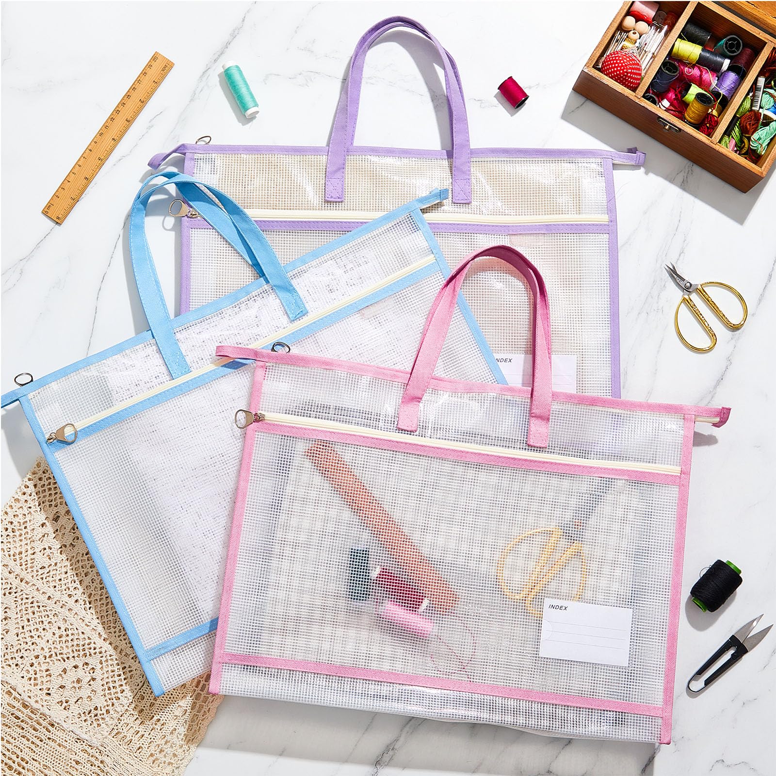 Bulyoou 3 Pcs A3 Project Bag for Quilting Craft Storage for Quilters Clear Mesh Design Art Supply Bag Artwork Storage Organize for Artworks Charts and Teaching Material Multipurpose