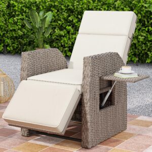 yitahome outdoor recliner chair, patio wicker lounge chair with adjustable angle, flip table, reclining lounge chair for outside with thick cushions for deck backyard pool side, beige