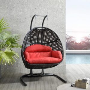 2 Person Hanging Egg Chair with Stand for Outdoor, Patio Rattan Wicker Double Egg Swing Chairs Hammock Chair with Cushion and Stand, Porch Swing Loveseat for Patio Bedroom Balcony (Red)