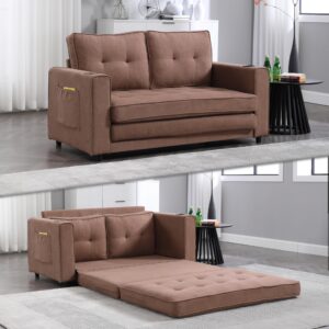 Cyranture Pull Out Sleeper Loveseat Foldable Tufted 3-in-1 Upholstered Futon Sofa Bed for Living Room Convertible Floor Couch Folding Mattres Love Seat with Side Pockets Cup Holder,Brown