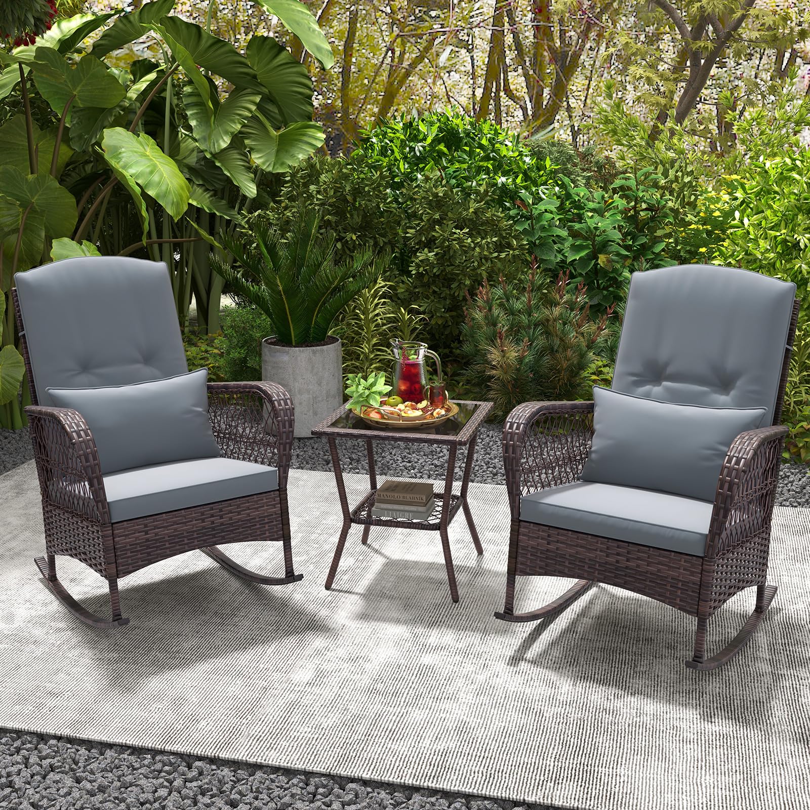 ORALNER 3 Pieces Patio Furniture Wicker Rocker Set, Outdoor Rocking Chairs with Cushions, Pillows, Glass Coffee Table, Rattan Bistro Set for Balcony Front Porch Poolside Garden Deck (Grey)