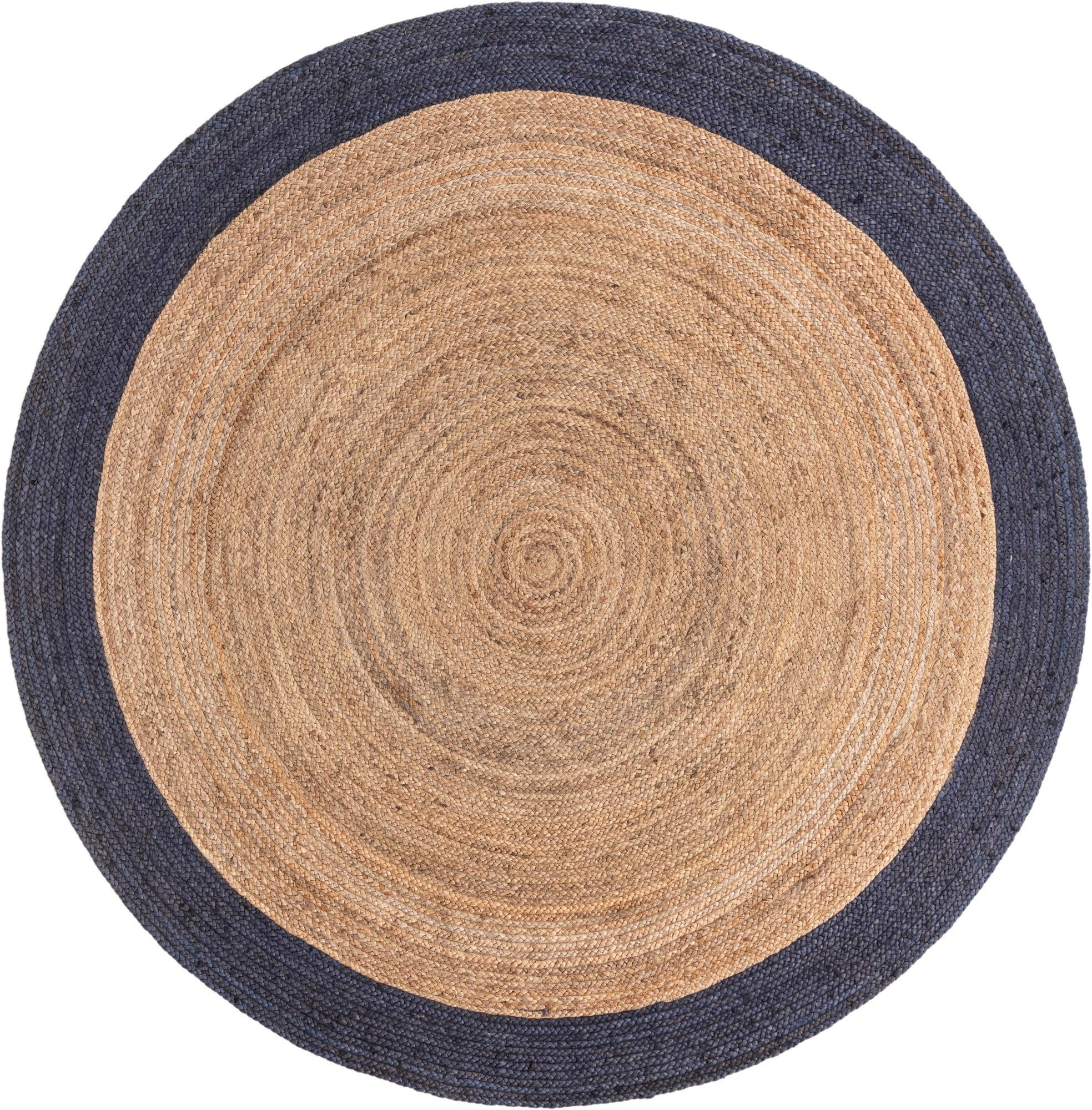 Jaipur Handloom Natural Jute Round Rug with Navy Blue Border Hand Braided Jute Area Rug for Bedroom, Living Room, Dining Room, Hallway, Kitchen, Entryway (5 Feet Round Jute Rug (60 x 60 Inches))