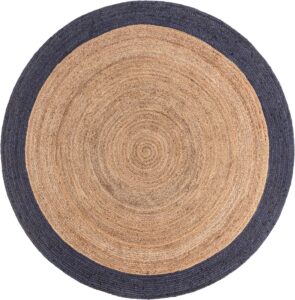 jaipur handloom natural jute round rug with navy blue border hand braided jute area rug for bedroom, living room, dining room, hallway, kitchen, entryway (5 feet round jute rug (60 x 60 inches))