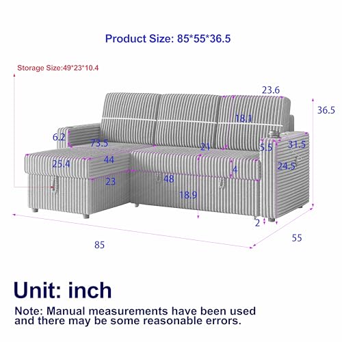 Corduroy Upholstered Reversible Sleeper Sectional Sofa with Pull Out Bed and Convertible Storage Chaise Lounge , 3 Seater Corner Couch Sofabed with 2 Cupholder and USB Charge Port for Living Room