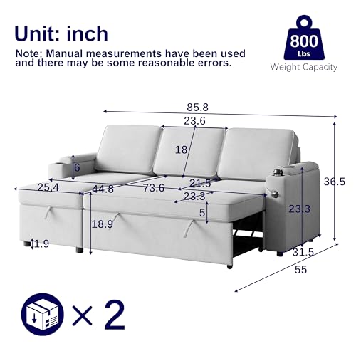 Eafurn 3-Seaters Corner Sectional Sofa Convertible Pull Out Couch Bed with Reversible Chaise Lounge and Hidden Arm Storage & Cup Holders, L Shaped Sleeper Sofa&Couches for Living Room Apartment Dorm