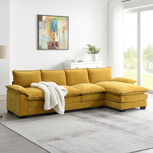 Favfurish 118" Modern L-Shaped Chenille Cloud Sofa with Chaise,5-seat Upholstered Couch W/Double Seat Cushions,Indoor Funiture Sleeper for Living Room Apartment Lounge,Ginger