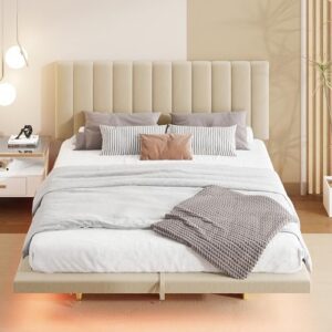 Acosure Queen Size Hydrualic Upholstered Floating Bedframe with LED Light & USB Port,Velvet Upholstered Platform Bed W/Storage,Space Saving,Beautiful Furniture for Bedroom Guest Room Apartment,Beige