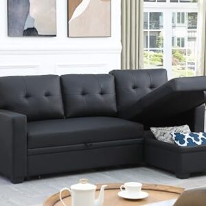 FANYE L-Shaped 3 Seater Reversible Sleeper Sectional Sofa Modern Smooth Faux Leather Tufted Upholstered Convertible Sofabed with Pull Out Sleep Couch Bed for Compact Space Living Room Sofa&Couch