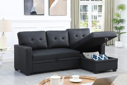 FANYE L-Shaped 3 Seater Reversible Sleeper Sectional Sofa Modern Smooth Faux Leather Tufted Upholstered Convertible Sofabed with Pull Out Sleep Couch Bed for Compact Space Living Room Sofa&Couch