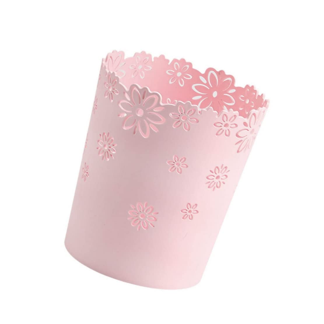 KUYYFDS Plastic Trash Can Hollow Flower Wastepaper Basket Round Lidless Garbage Container Bin Pink for Home