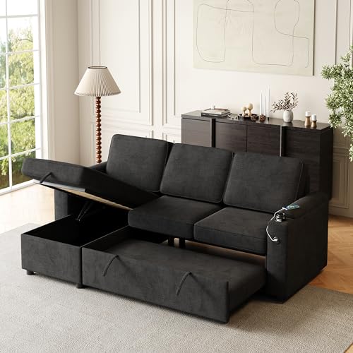 Eafurn 3-Seaters Corner Sectional Sofa Convertible Pull Out Couch Bed with Reversible Chaise Lounge and Hidden Arm Storage & Cup Holders, L Shaped Sleeper Sofa&Couches for Living Room Apartment Dorm