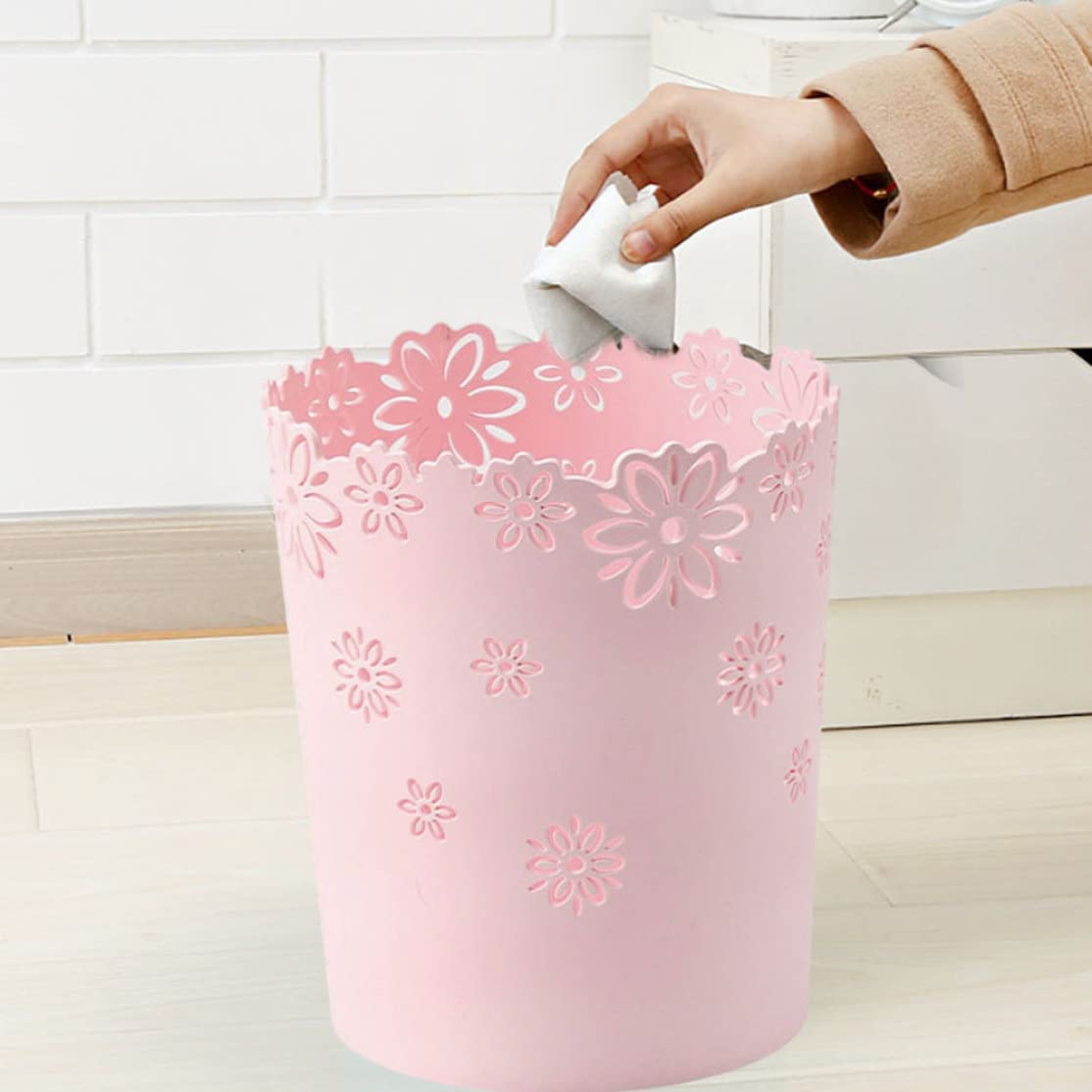 KUYYFDS Plastic Trash Can Hollow Flower Wastepaper Basket Round Lidless Garbage Container Bin Pink for Home