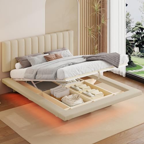 Acosure Queen Size Hydrualic Upholstered Floating Bedframe with LED Light & USB Port,Velvet Upholstered Platform Bed W/Storage,Space Saving,Beautiful Furniture for Bedroom Guest Room Apartment,Beige