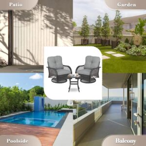 Athena Collection Swivel Patio Furniture Set, Outdoor Table and Chairs Set 3 Piece All Weather PE Rattan Conversation Set with Upholstered Seat and Backrest for Bistro, Garden, Backyard, Gray