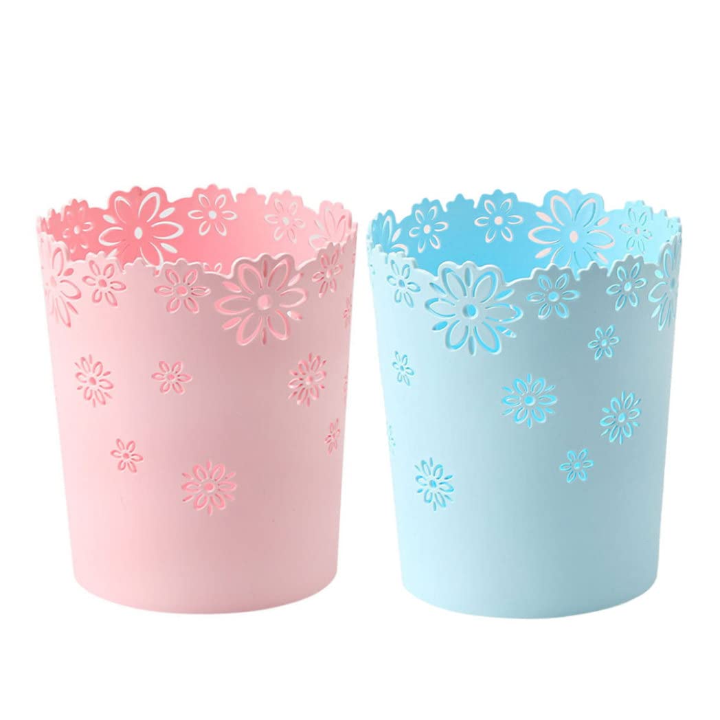 KUYYFDS Plastic Trash Can Hollow Flower Wastepaper Basket Round Lidless Garbage Container Bin Pink for Home