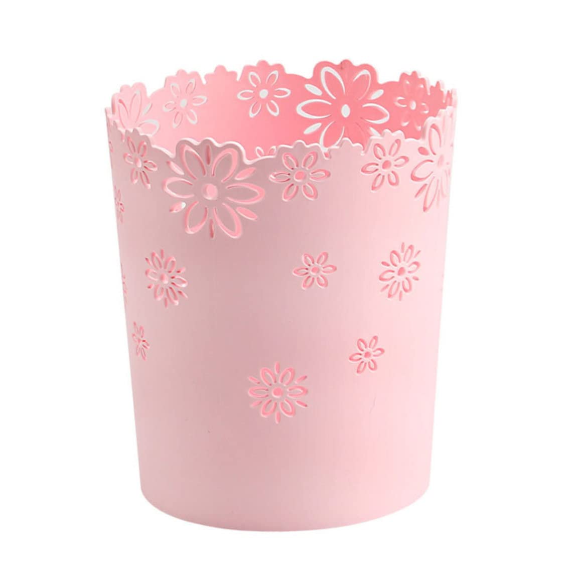 KUYYFDS Plastic Trash Can Hollow Flower Wastepaper Basket Round Lidless Garbage Container Bin Pink for Home