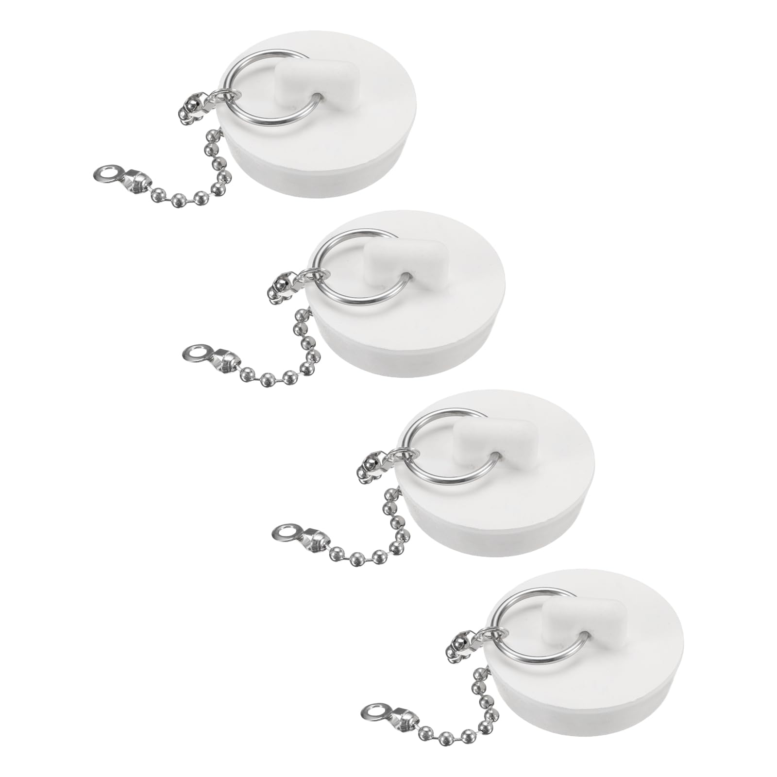 uxcell 4 Pcs Tub Stoppers, Rubber Bathtub Stoppers 1-3/8" Kitchen Sink Drain Stopper, Bathroom Drain Plug with Pull Ring and 15" Beaded Chain, White