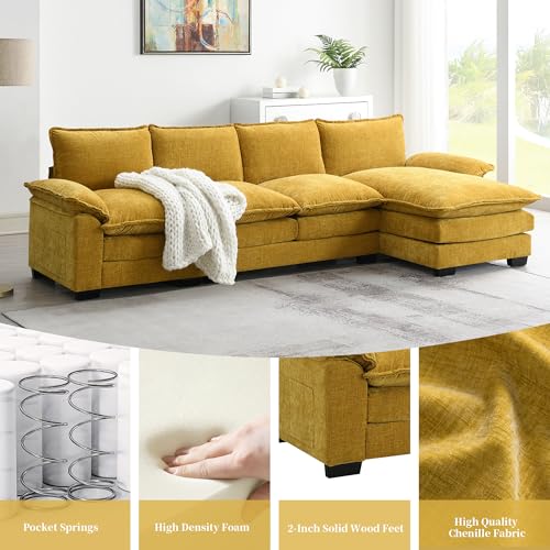 Favfurish 118" Modern L-Shaped Chenille Cloud Sofa with Chaise,5-seat Upholstered Couch W/Double Seat Cushions,Indoor Funiture Sleeper for Living Room Apartment Lounge,Ginger