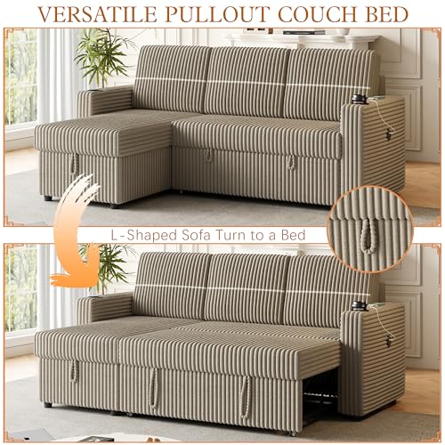 Corduroy Upholstered Reversible Sleeper Sectional Sofa with Pull Out Bed and Convertible Storage Chaise Lounge , 3 Seater Corner Couch Sofabed with 2 Cupholder and USB Charge Port for Living Room