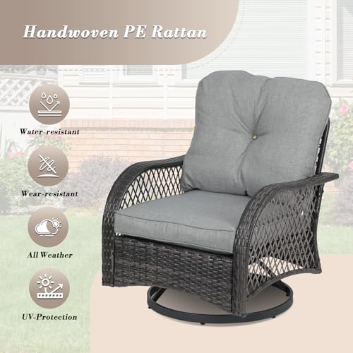 Athena Collection Swivel Patio Furniture Set, Outdoor Table and Chairs Set 3 Piece All Weather PE Rattan Conversation Set with Upholstered Seat and Backrest for Bistro, Garden, Backyard, Gray