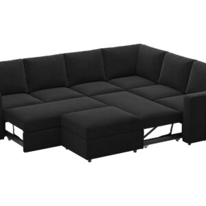 Belffin Modular Sectional Sleeper Couch with Pull Out Sofa Bed Velvet Convertible L Shaped Sectional Sofa with Storage Ottoman for Living Room Black