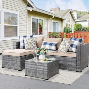 Shintenchi Patio Furniture Sets 3 Pieces Outdoor Sectional Sofa Silver All-Weather Rattan Wicker Sofa Small Patio Conversation Couch with Washable Cushion and Glass Table(Khaki)