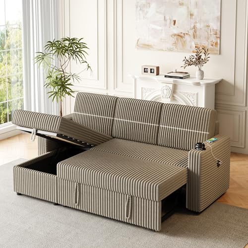 Corduroy Upholstered Reversible Sleeper Sectional Sofa with Pull Out Bed and Convertible Storage Chaise Lounge , 3 Seater Corner Couch Sofabed with 2 Cupholder and USB Charge Port for Living Room