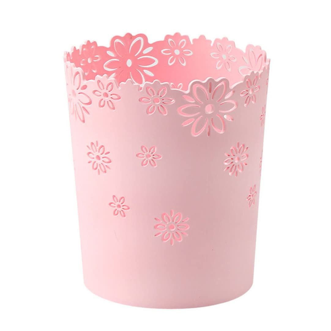 KUYYFDS Plastic Trash Can Hollow Flower Wastepaper Basket Round Lidless Garbage Container Bin Pink for Home