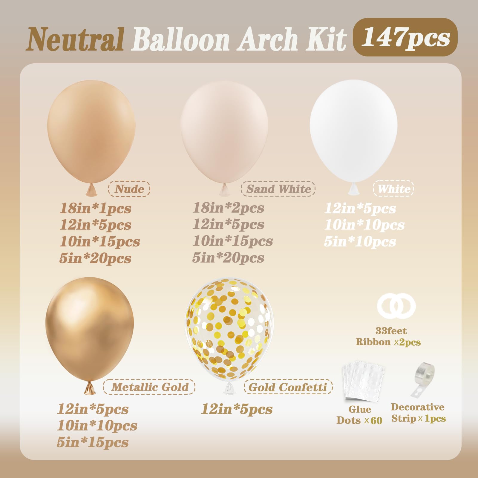 147pcs Neutral Balloon Garland Arch Kit, Different Sizes with Beige Cream Sand White Metallic Champagne Gold Balloons for Wedding Bridal Shower Birthday Boho Neutral Baby Shower Party Decorations