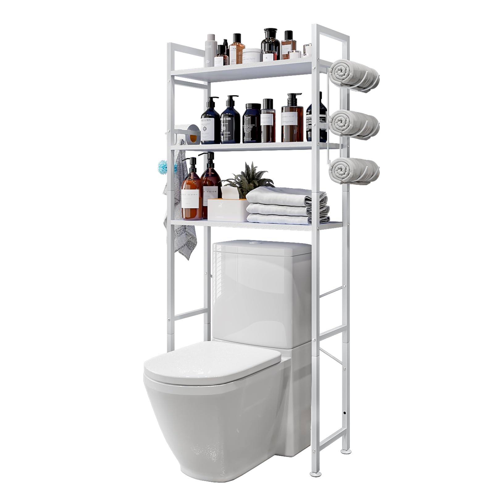 Dazioter Over The Toilet Storage Rack 3 Tier Bathroom Organizer Shelf Over Toilet Freestanding Space Saver Toilet Stands with 10 Hooks Multifunctional (White)