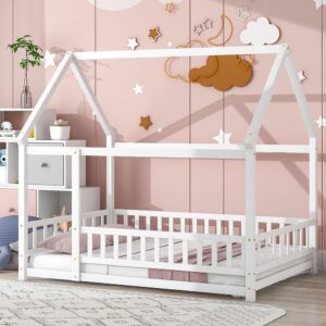 milleloom full size solid pine wood floor bed frame, full size house floor bed with roof fence guardrails, multifunctional playhouse bed for kids boys girls teens, easy assembly, white