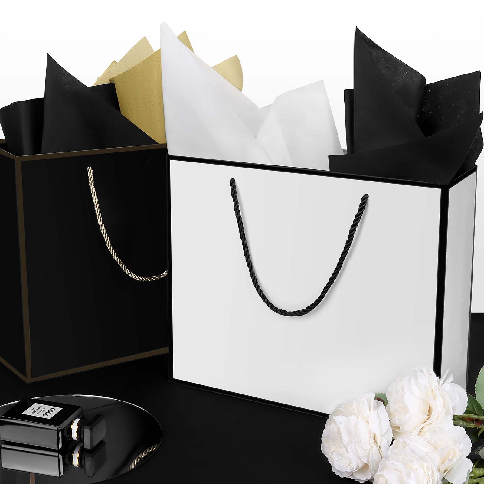 ALEXPRE 12 Pcs White Gift Bags with Handle and Tissue 11.8 x 10 x 4'' Large Paper Bags, Thank You Gift Bag with Bow Ribbon for Wedding Bridal Shower Groomsmen Birthday Party Baby Shower(White-Black)