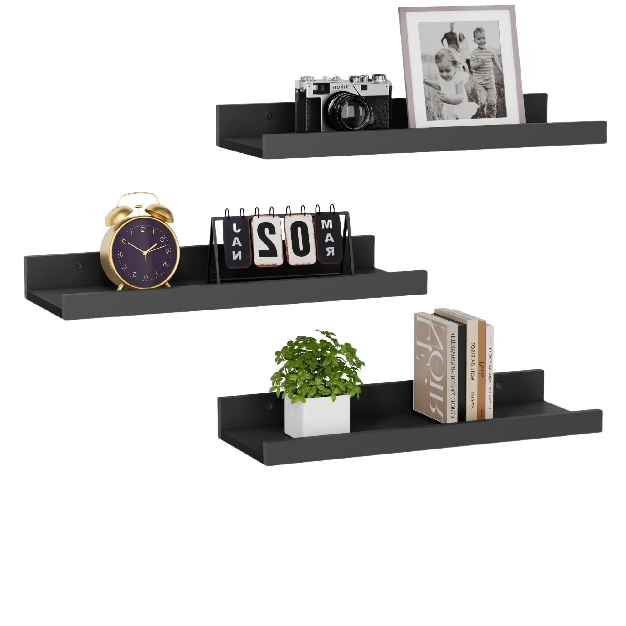 Bosniik 3ps 15.7 Inch Long Floating Bookshelf for Kids Room Black Wall Mounted Shelves with Lip for Storage, Display Picture Ledge Shelf for Bedroom Bathroom Kitchen Living Room Wall Decor Black